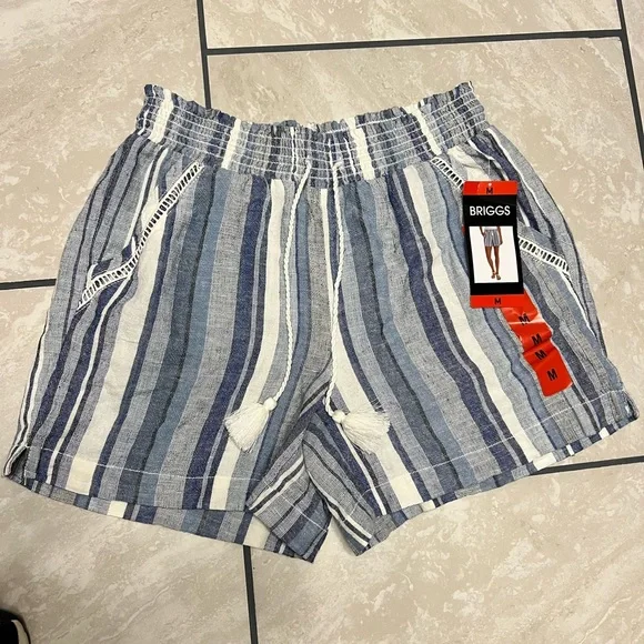 Briggs Women's Linen Blend Pull-On Shorts Medium Blue Stripe Wide Waist Band NWT - Picture 6 of 12